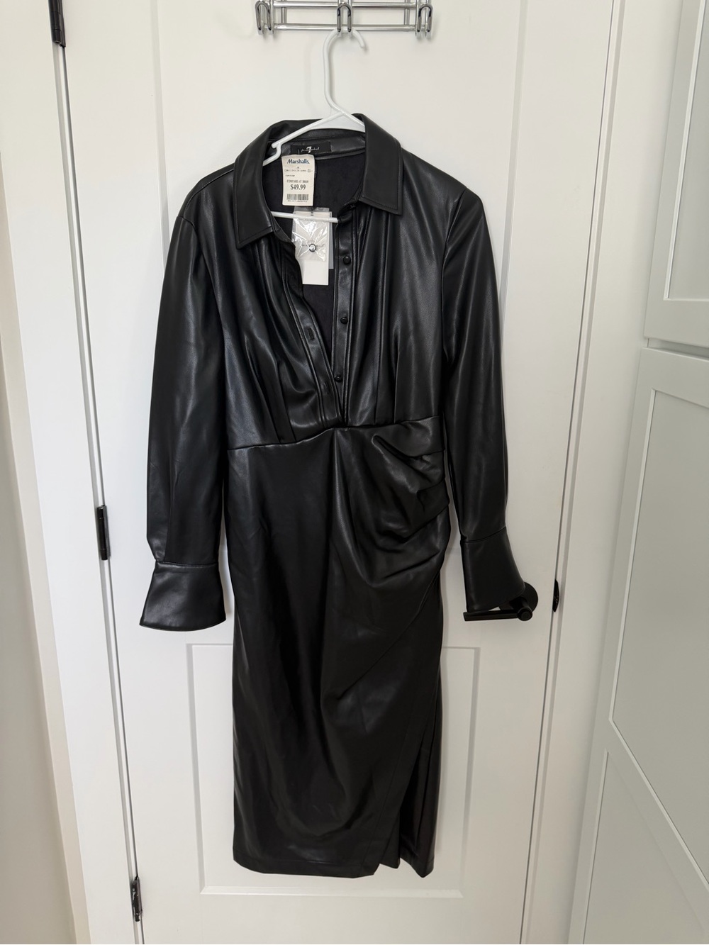 7 For All Mankind Black Faux Leather Long-Sleeve Shirt Dress